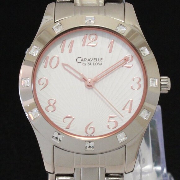 Caravelle Ladies Watch Crystal Studded Bezel Textured Dial Rose Hands 32mm main image 10